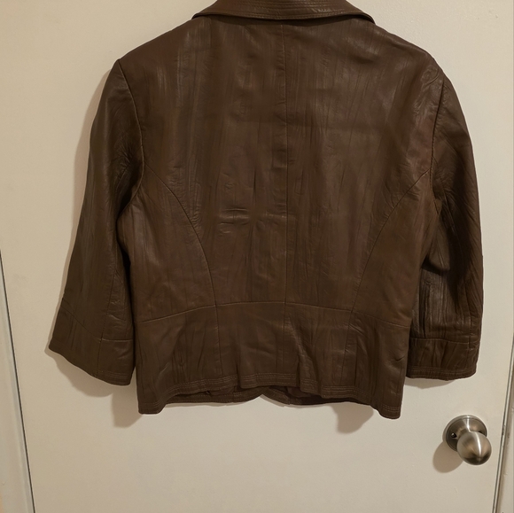 Boston Proper leather jacket blazer Lined Partial sleeve Brown Size 6 Biker Moto - Picture 2 of 8